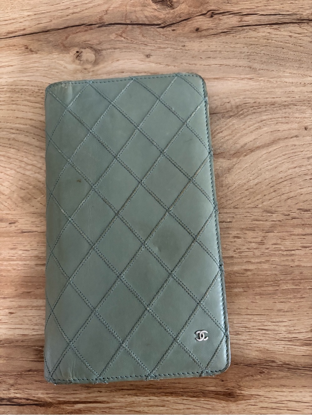 CHANEL Quilted Leather Card & Key Holder - Sage Green with COA